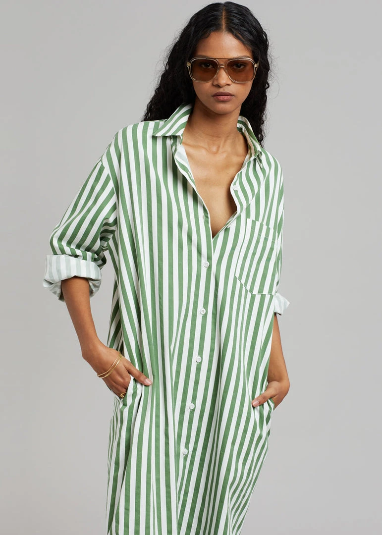 The Frankie Shop CLOTHING Cala Shirt Dress - Green Stripe 4 The Frankie Shop CLOTHING Cala Shirt Dress - Green Stripe
