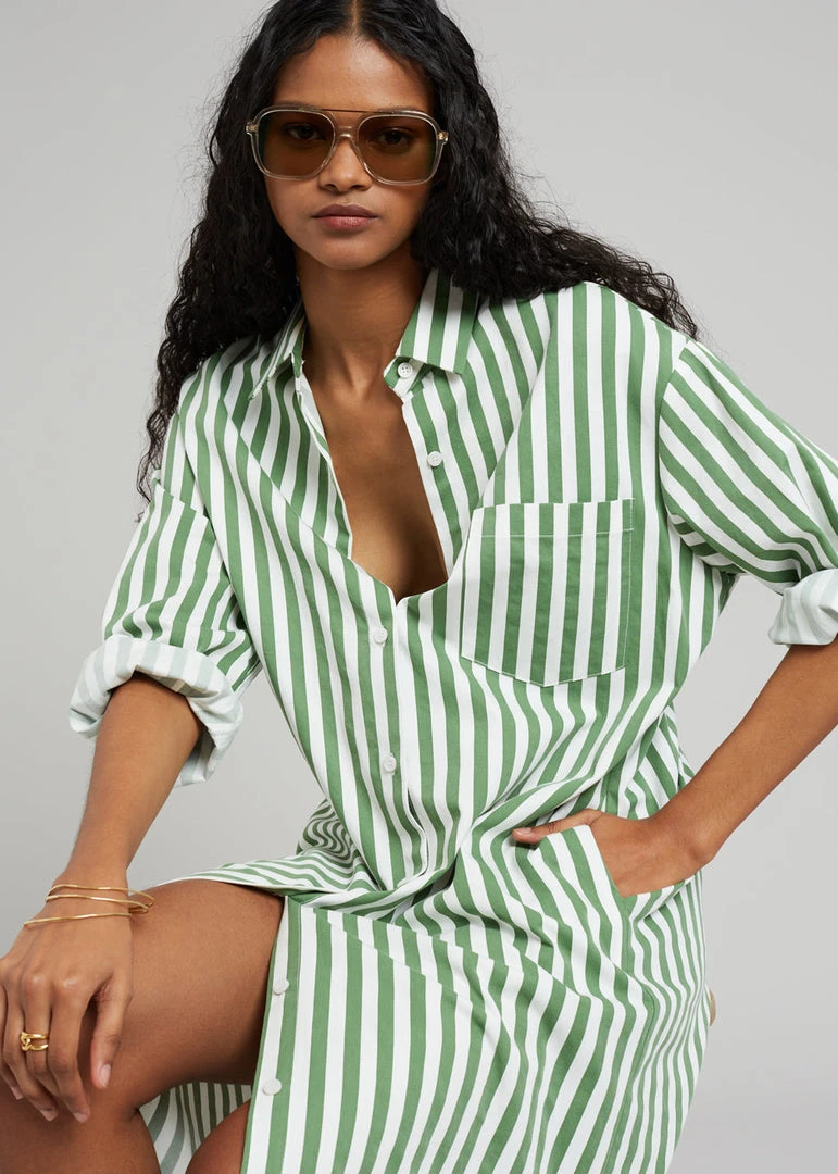 The Frankie Shop CLOTHING Cala Shirt Dress - Green Stripe 1 The Frankie Shop CLOTHING Cala Shirt Dress - Green Stripe
