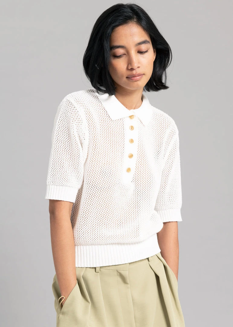 The Frankie Shop Ela Crochet Polo Top - White CLOTHING 1 The Frankie Shop Ela Crochet Polo Top - White CLOTHING