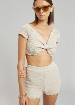 The Plan Galil Crochet Knit Cropped Top - Beige CLOTHING