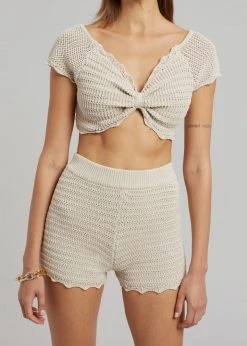 The Plan Galil Crochet Knit Cropped Top - Beige CLOTHING