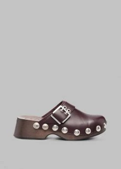 GANNI Studded Leather Clogs - Burgundy SHOES