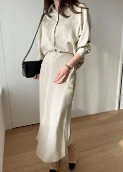 The Frankie Shop CLOTHING Gio Silky Midi Skirt - Custard