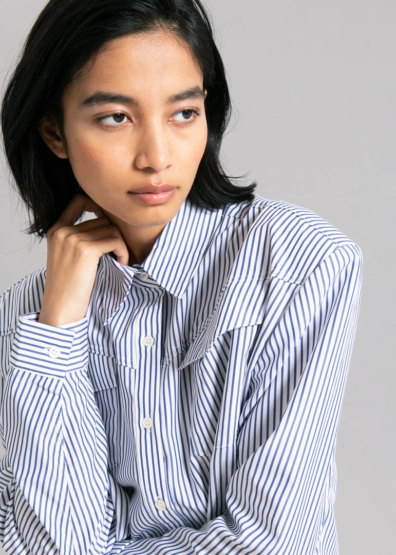 Black Fuchsia CLOTHING Jeanne Padded Shirt - Navy Stripe 2 Black Fuchsia CLOTHING Jeanne Padded Shirt - Navy Stripe