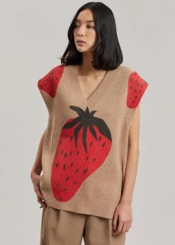 Men JW Anderson Strawberry V-Neck Vest - Brown/Red