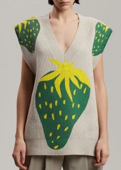 Men JW Anderson Strawberry V-Neck Vest - Natural/Green