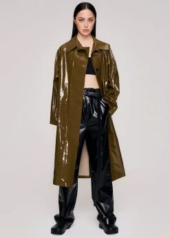 KASSL Editions Long Lacquer Trench Coat - Olive CLOTHING