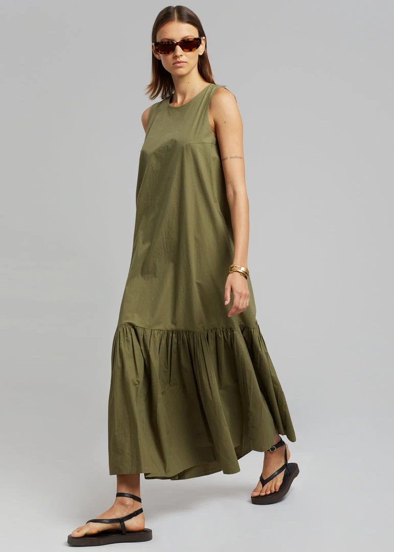 The Frankie Shop CLOTHING LouLou Flouncy Hem Dress - Khaki 2 The Frankie Shop CLOTHING LouLou Flouncy Hem Dress - Khaki