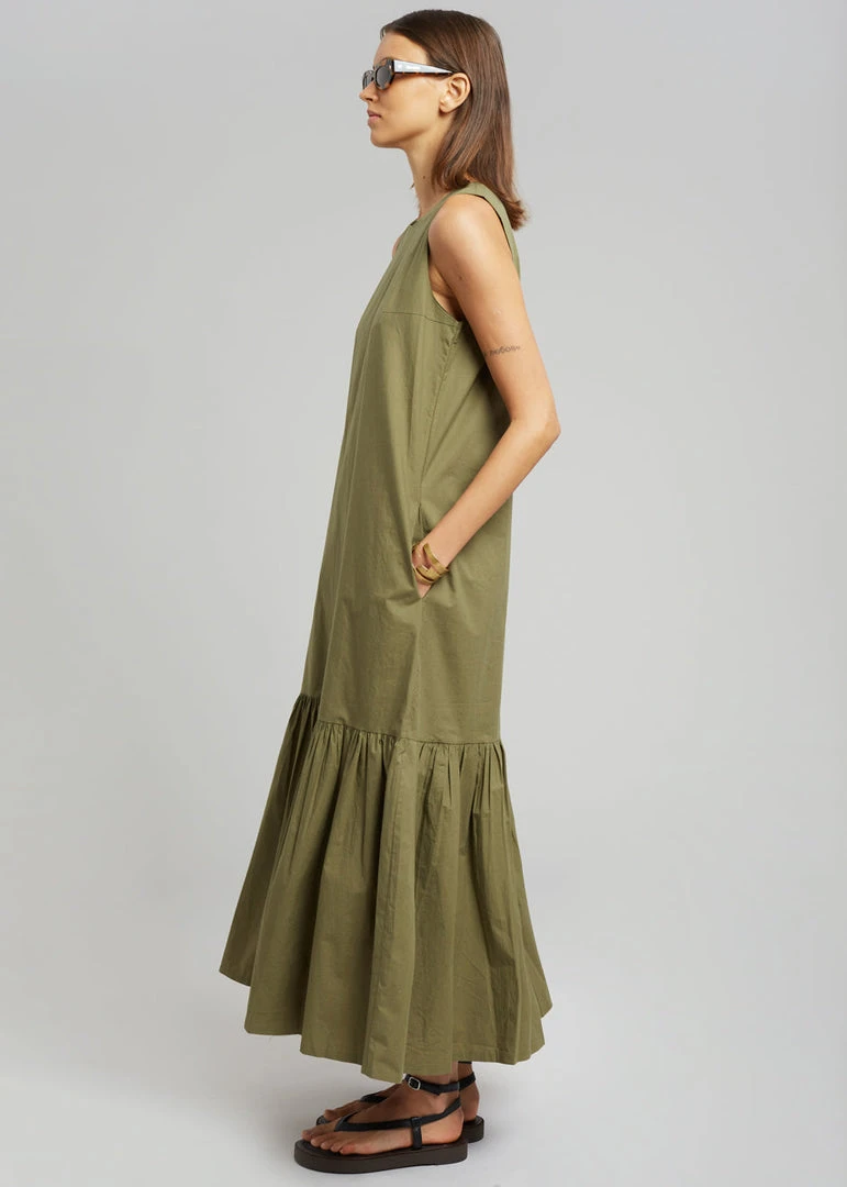 The Frankie Shop CLOTHING LouLou Flouncy Hem Dress - Khaki 4 The Frankie Shop CLOTHING LouLou Flouncy Hem Dress - Khaki