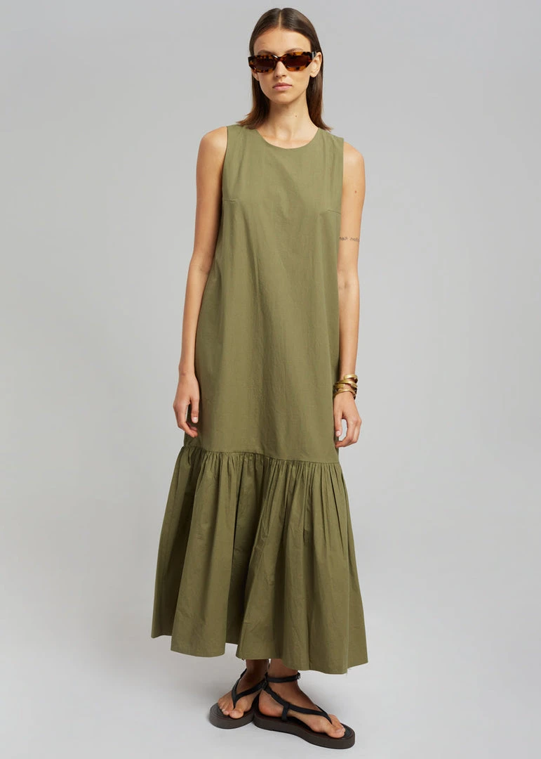 The Frankie Shop CLOTHING LouLou Flouncy Hem Dress - Khaki 1 The Frankie Shop CLOTHING LouLou Flouncy Hem Dress - Khaki