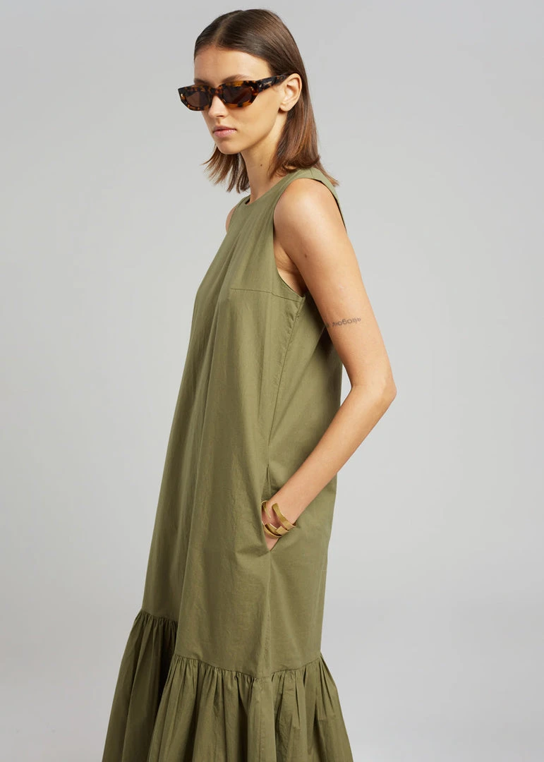 The Frankie Shop CLOTHING LouLou Flouncy Hem Dress - Khaki 3 The Frankie Shop CLOTHING LouLou Flouncy Hem Dress - Khaki