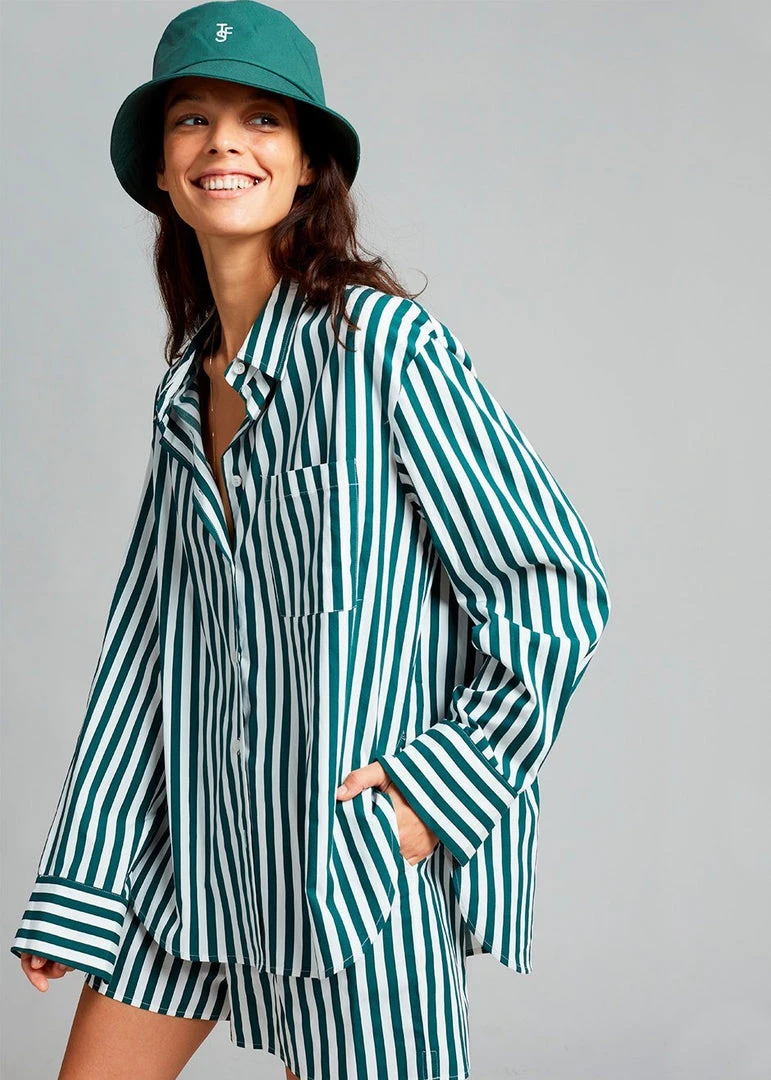 The Frankie Shop CLOTHING Lui Organic Cotton Shirt - Pine Stripe 6 The Frankie Shop CLOTHING Lui Organic Cotton Shirt - Pine Stripe