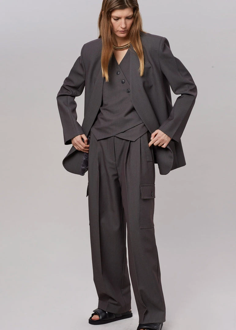 The Frankie Shop CLOTHING Maesa Collarless Jacket - Charcoal 1 The Frankie Shop CLOTHING Maesa Collarless Jacket - Charcoal