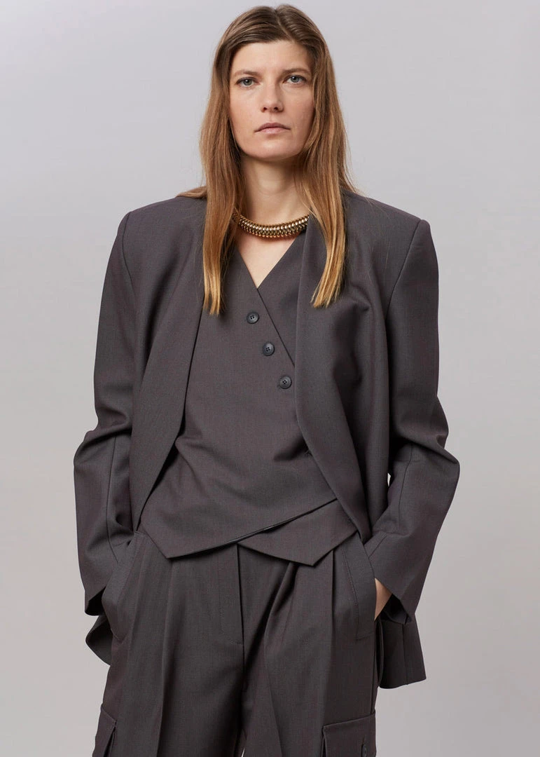 The Frankie Shop CLOTHING Maesa Collarless Jacket - Charcoal 2 The Frankie Shop CLOTHING Maesa Collarless Jacket - Charcoal