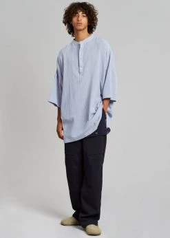 The Frankie Shop Teo Oversized Collarless Shirt - Light Blue