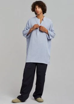 The Frankie Shop Teo Oversized Collarless Shirt - Light Blue